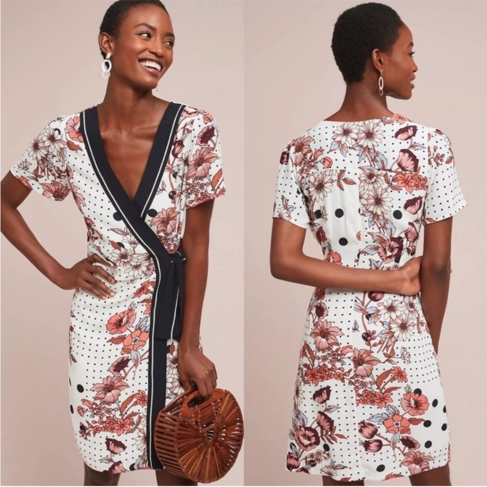 Anthropologie Mauve Aubrey Wrap Floral and Polka Dot Mini Dress